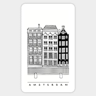 Three Amsterdam old houses, Netherlands. Realistic black and white illustration. Sticker